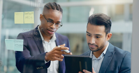 Aufkleber - People, sticky note and business meeting with tablet in office for research, idea or brainstorming. Finance team, employees and men with planning on glass board for sales, problem solving or solution