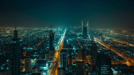 Wall Mural - Stunning aerial night view of the cityscape and skyscrapers in crystal light.