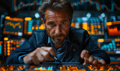 Poster - Businessman Analyzing Financial Data on Tablet, Sales Graphs and Economic Growth Charts - Business Planning, Investment Strategy