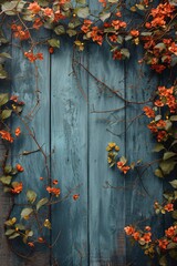 Wall Mural - Autumn background with flower border on blue wooden background. Rustic style. Template for Mother’s Day, Thanksgiving day, Easter. Floral frame with copy space for design greeting card, banner, poster