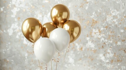 Composition of white and gold helium balloons with sparkles and confetti. Holiday decoration. Balloons for birthdays, weddings, graduations