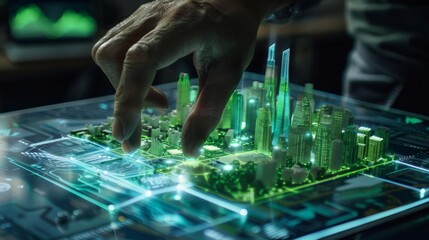 Wall Mural - hand touching holographic model city on digital table, futuristic urban planning concept.