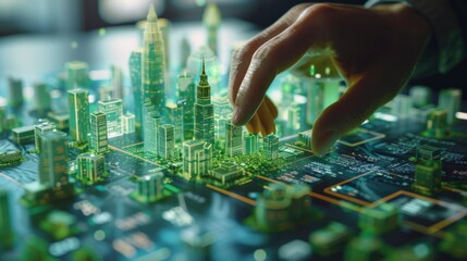 Wall Mural - hand touching holographic model city on digital table, futuristic urban planning concept.