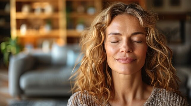 A woman with her eyes closed, experiencing a moment of calm and relaxation in her cozy home