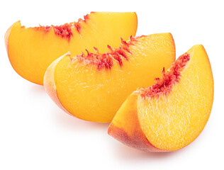 Wall Mural - Ripe peach slices on white background. File contains clipping path.