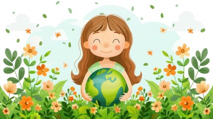 A smiling girl holds a green globe in her arms surrounded by blooming flowers and greenery