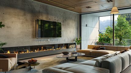 Wall Mural - Spacious villa interior with cement wall effect, fireplace and tv. Generative Ai