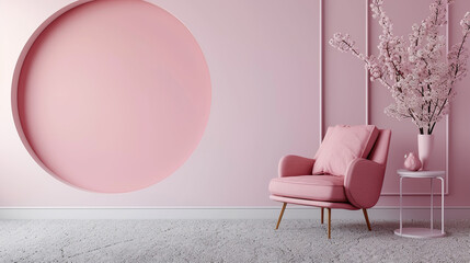 Sticker - Stylish living pink tone room interior of modern apartment and trendy furniture. Generative Ai