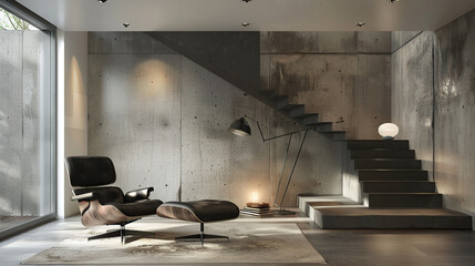 Wall Mural - Modern interior of living room with leather armchair. Generative Ai