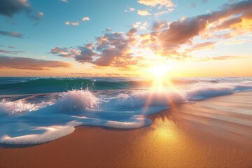 Wall Mural - The beach and waves at sunset