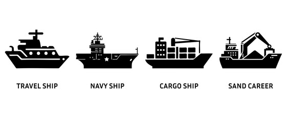 Wall Mural - Transport vehicle ships side view silhouette black filled vector Illustration icon