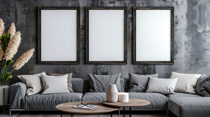 Wall Mural - Three black wooden frame mockup in boho living room interior background. Generative Ai