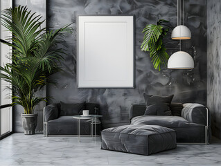 Wall Mural - Interior room with gray furniture and a blank frame mockup