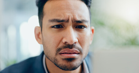 Aufkleber - Face, frown and stress with business man in corporate office for deadline, mistake or report. Anxiety, confused and worry with professional employee in workplace for accident, bankruptcy or fail
