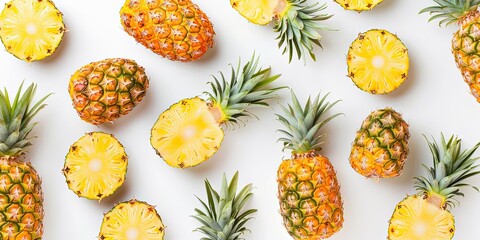 Wall Mural - Illustration of pineapples on white background, composition, background, wallpaper, sweet tropical fruit.