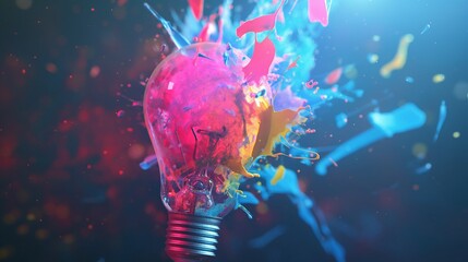 Creative colored light bulb explosion with shards and paint—a creative idea