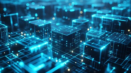 Cube technology on the convergence point of circuit with Abstract blue background. Blockchain Network System