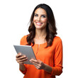 © Mustafa - Smiling woman holding digital tablet on transparent background