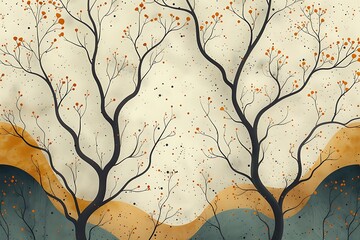 Abstract illustration featuring two stylized trees with orange leaves set against a minimalist background of beige, orange, and teal color blocks.