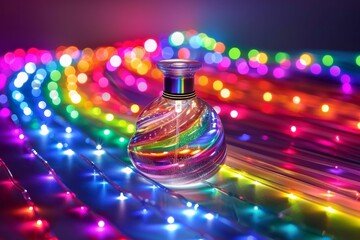 Poster - Colorful glass perfume bottle with neon lights, exuding vibrancy and modern aesthetics