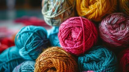 A pile of colorful balls of yarn that look like art in themselves. Their various colors and textures create a vision that inspires the creation of magical handicraft works.