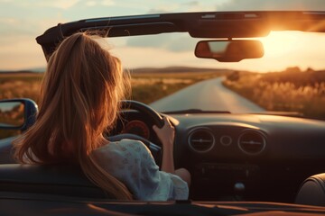 Young woman enjoys driving her convertible on an open country road during a beautiful, serene sunset