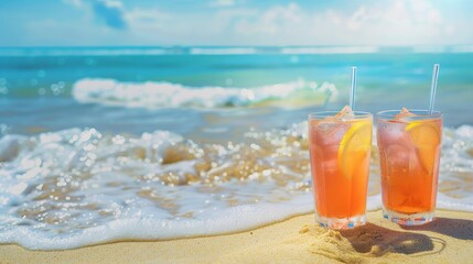 Two glasses of iced drinks on a sandy beach with blue ocean waves in the background,