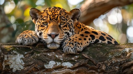 Wall Mural - ai-generated illustration of a majestic jaguar resting on a tree branch in a sunlit forest