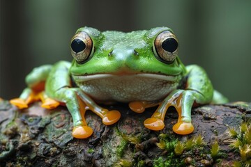 Wall Mural - ai-generated illustration of a green tree frog with striking orange toes perched on a mossy log.