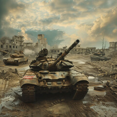 Wall Mural - A photorealistic illustration of a tank advancing through a war-torn landscape, with rubble, destroyed structures, and other military vehicles visible in the background 
