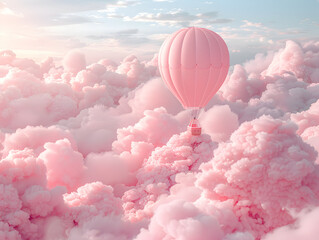 Wall Mural - a hot air balloon flying in a pink sky with fluffy white clouds.