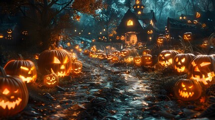 Panoramic Autumn Pumpkin Carving Landscape with Enchanting Glow in Dark Forest