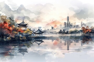 Wall Mural - At night, pagodas and pavilions in the city, illustrations