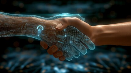Poster - A digital and human hand shaking on a dark abstract background. Concept of networking and cybersecurity.  Generative AI