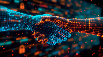 Poster - Digital handshake with neon grid lines on dark background, symbolizing blockchain and cybersecurity.  Generative AI