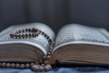 Open holy book with beads, focus on Arabic text, spiritual conce