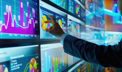 Wall Mural - E-business data analytics, professionals analyzing colorful charts and graphs on large digital screens