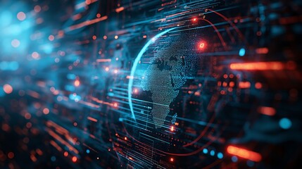 Aufkleber - Digital representation of Earth with network connections, light effect blue and red, dark background. Concept of global internet communication.  Generative AI