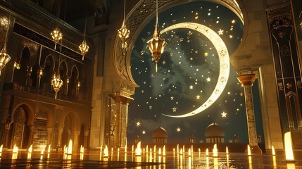 Wall Mural - 3d illustration of a mosque with golden moon