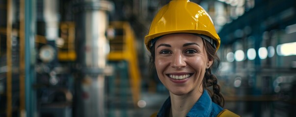 Poster - in a modern industrial factory, a female project manager stands in front of an automated and robotic