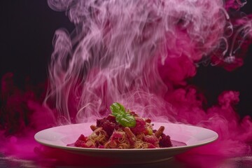 Wall Mural - Futuristic food plating with neon smoke, capturing modern culinary art and innovation