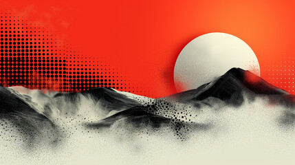 Poster - A mountain range with a red sky and a white moon