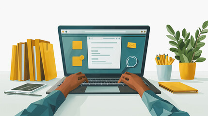 Poster - A person is typing on a laptop computer at a desk with a stack of yellow folders