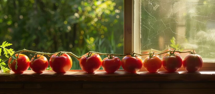 Late summer harvest yields ripe tomatoes on the window sill.