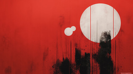 Poster - A red background with a white circle and two black circles