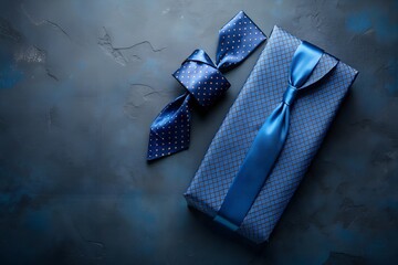 Poster - Father's Day, banner with blue gift box and neckties on dark blu