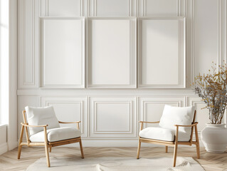 Wall Mural - Living room with two chairs and three blank frame mockup