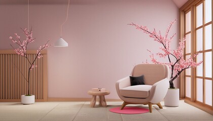 Wall Mural - Minimalist modern living room interior background with armchair, living room mock up in Japandy style, empty wall mockup, 3d rendering