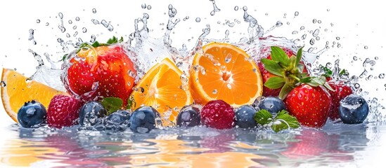 Wall Mural - Fresh fruits with splashes of water isolated on a white background