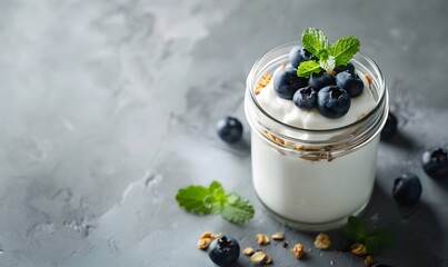  glass jar of yogurt topped with nutritious granola and fresh blueberries, Generative AI